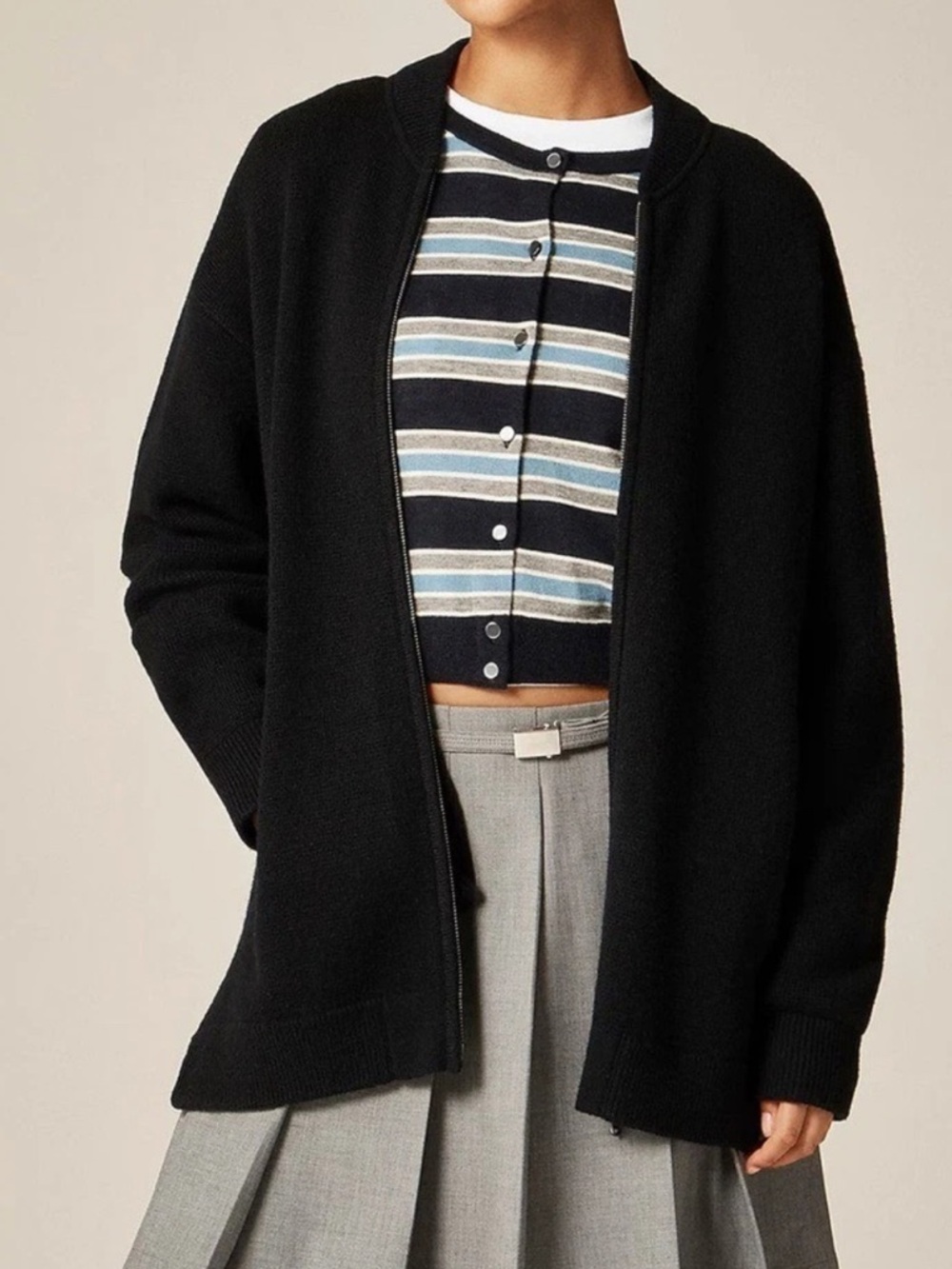 J. Crew Full-Zip Flight Sweater-Jacket in Black Wool Blend w/Pockets Sz. Small